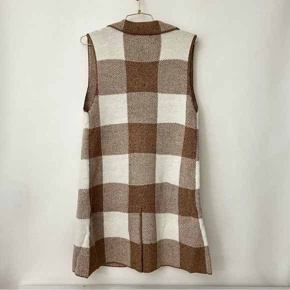 Love Tree Open Front Plaid Long Cardigan Vest Heather Khaki Brown With Pockets - Picture 6 of 10
